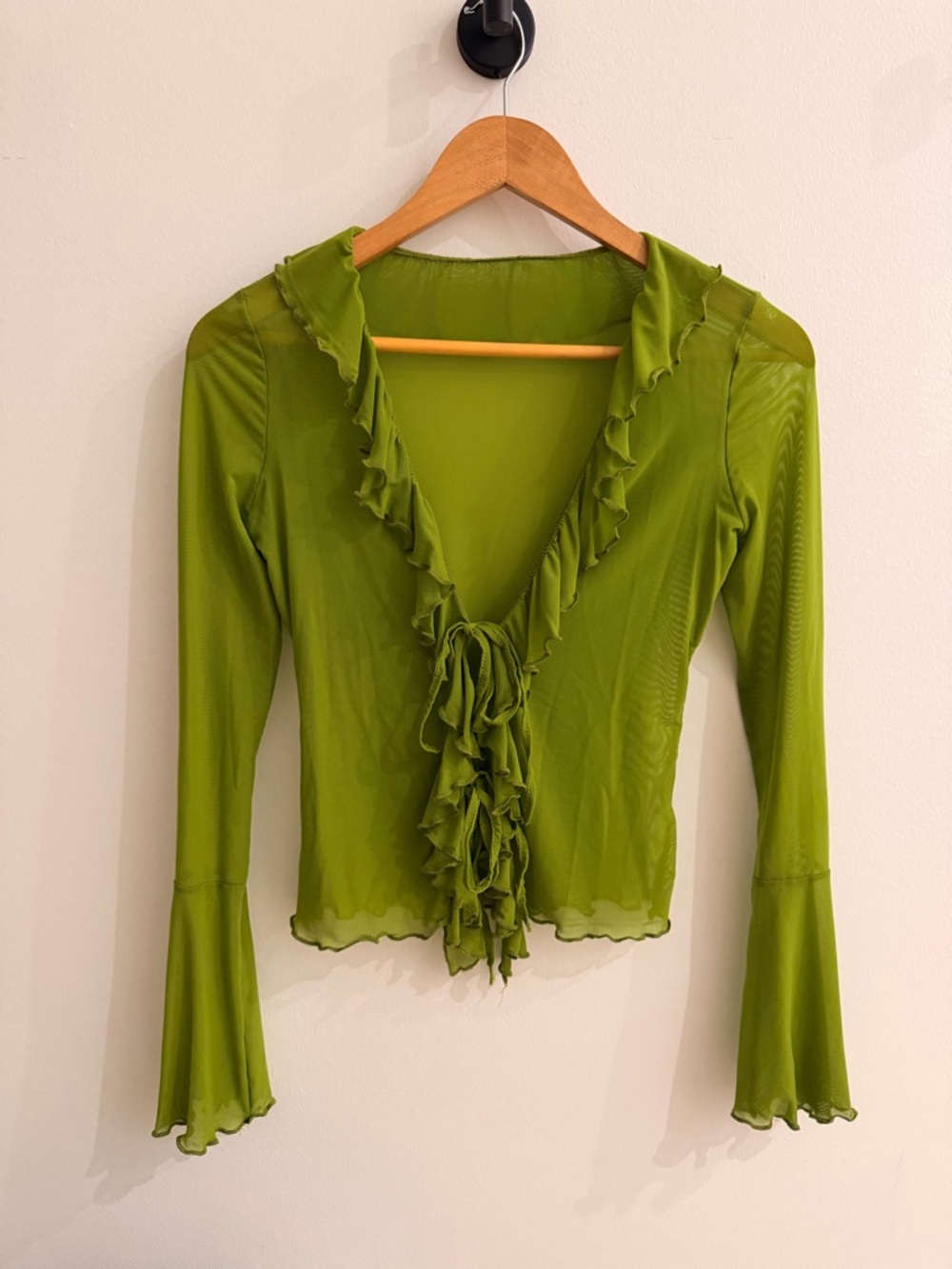 Ruffle Tie-Front Sheer Blouse - Green